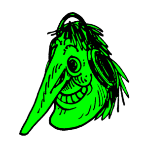 Dragon Records logo. Green face drawing.