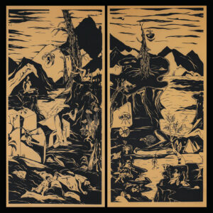 Album cover for "Wolves" by André Drage,Black and white illustration depicts a surreal mountain landscape with human figures, animals, and abstract shapes in two vertical panels.