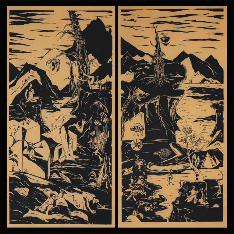 Album cover for "Wolves" by André Drage,Black and white illustration depicts a surreal mountain landscape with human figures, animals, and abstract shapes in two vertical panels.